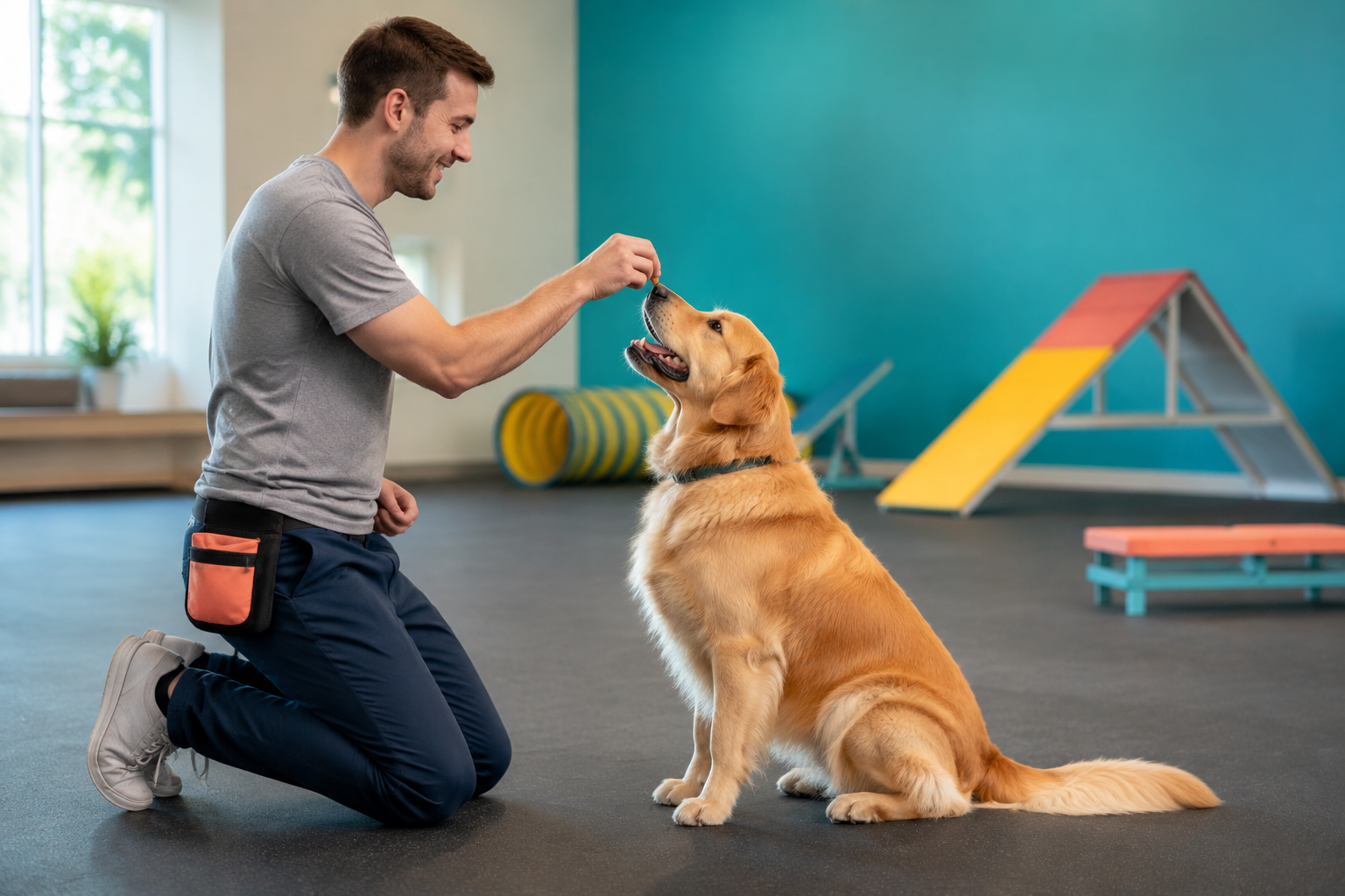 A trainer rewarding a golden retriever during a positive lesson