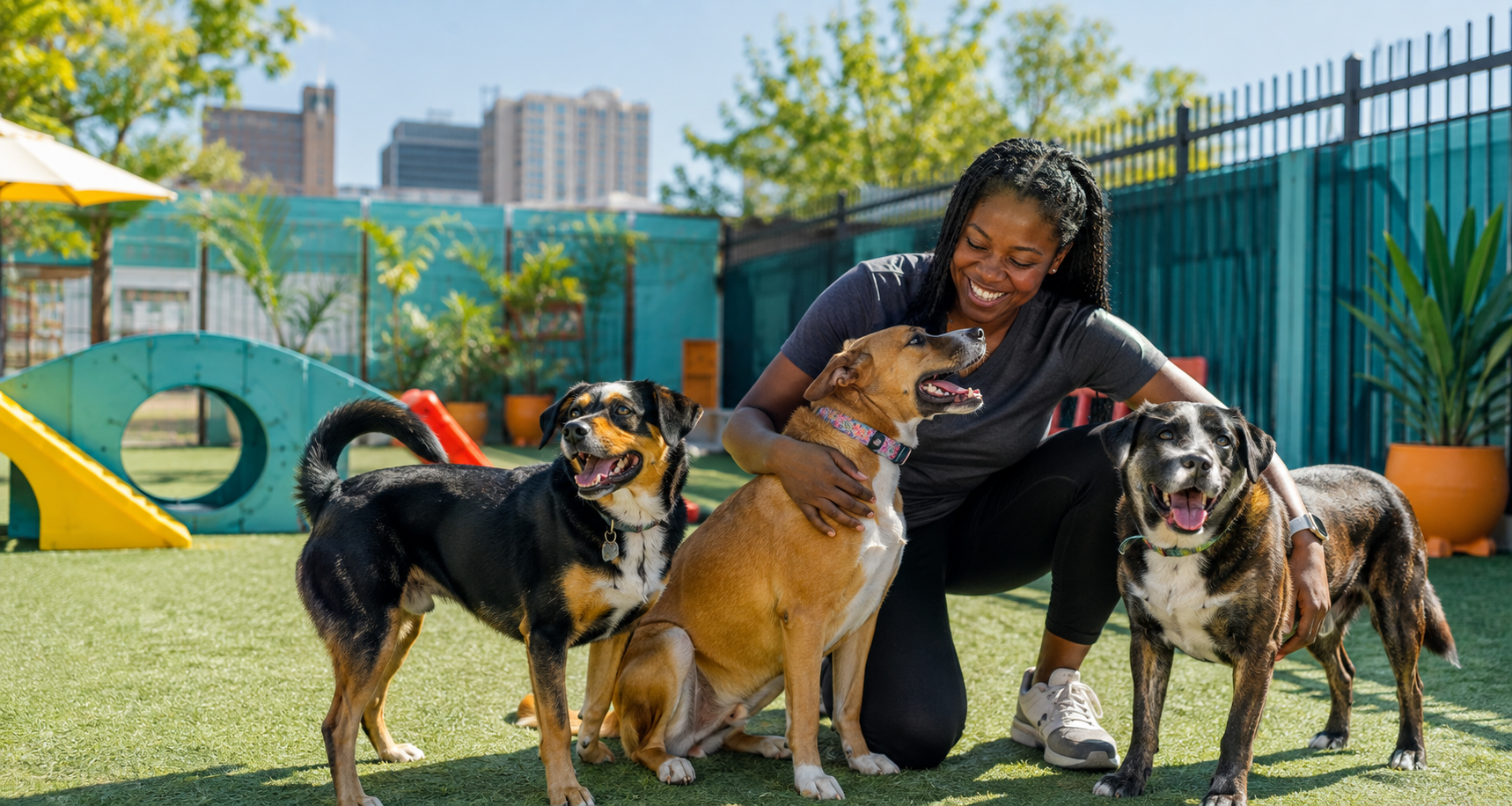 A smiling caregiver playing with three happy dogs at daycare